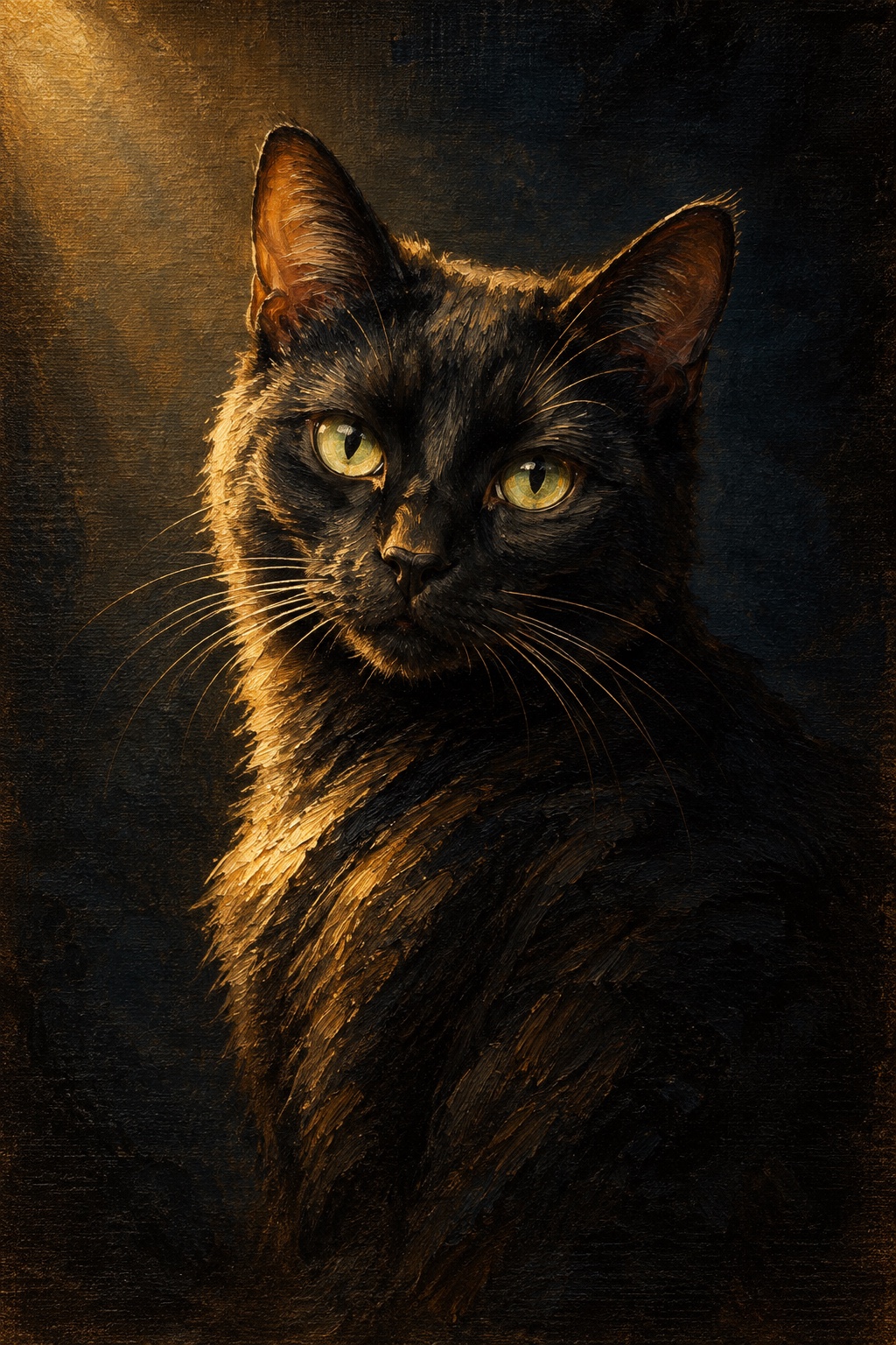 An oil-style black cat in the Midnight style