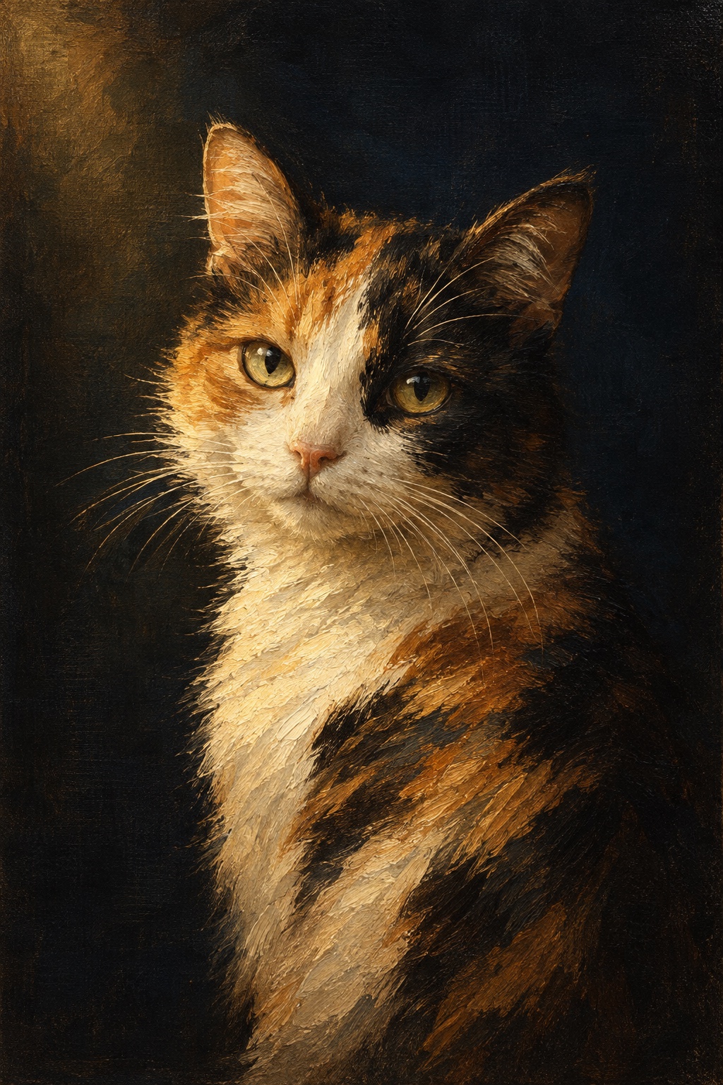 An oil-style calico cat in the Midnight style