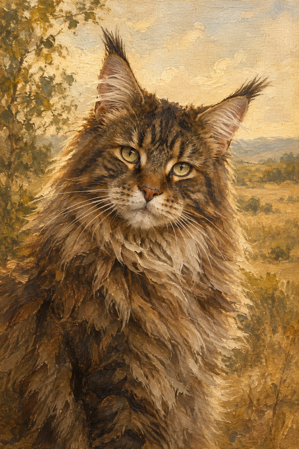 An oil-style maine coon in the Plein Air style