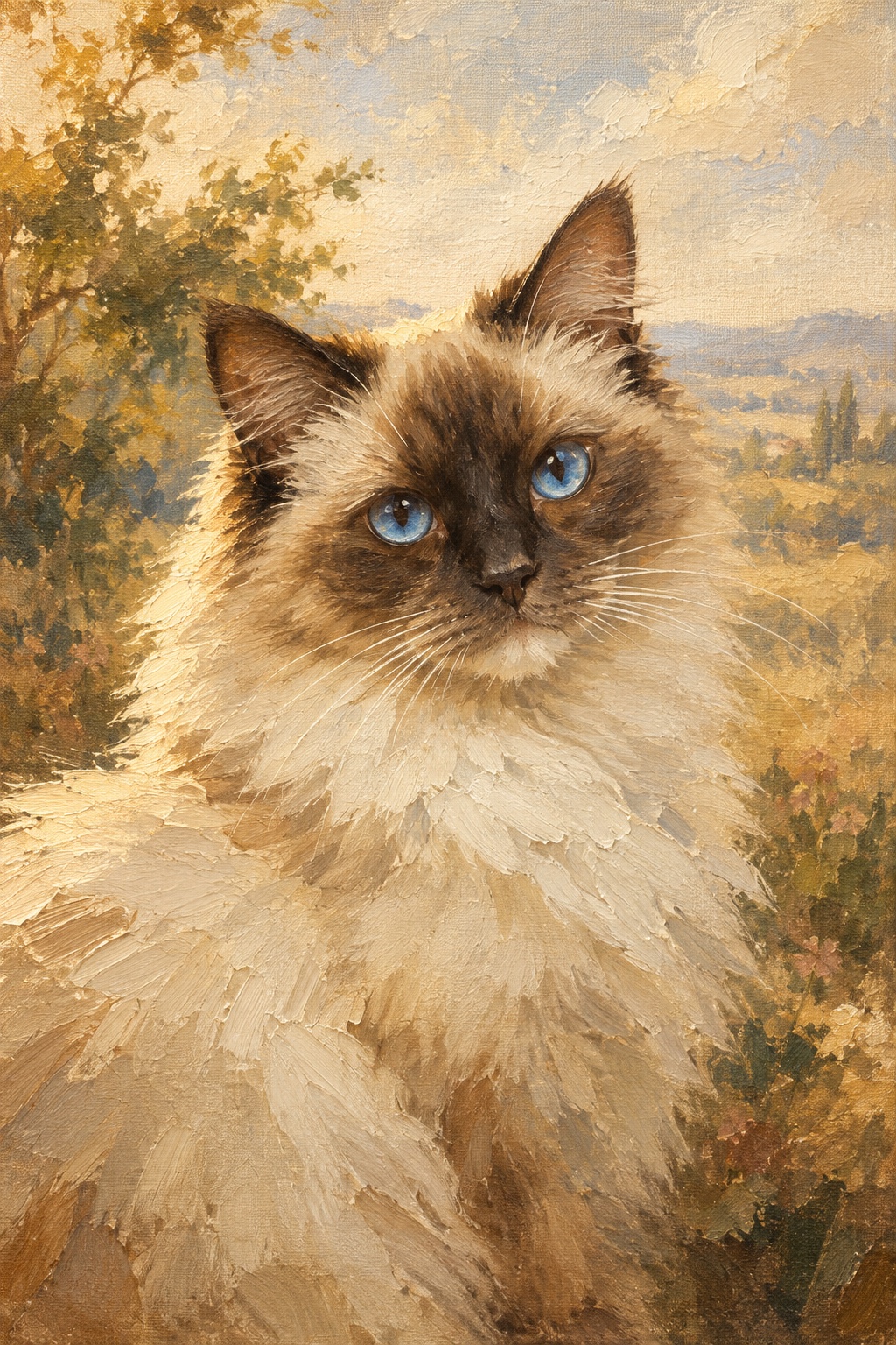 An oil-style ragdoll cat in the Plein Air style