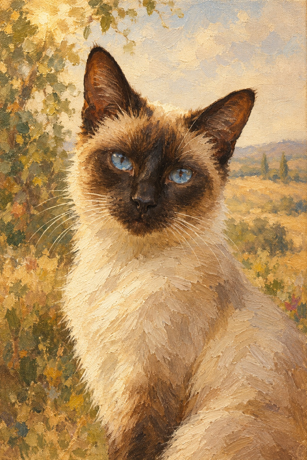 An oil-style siamese cat in the Plein Air style