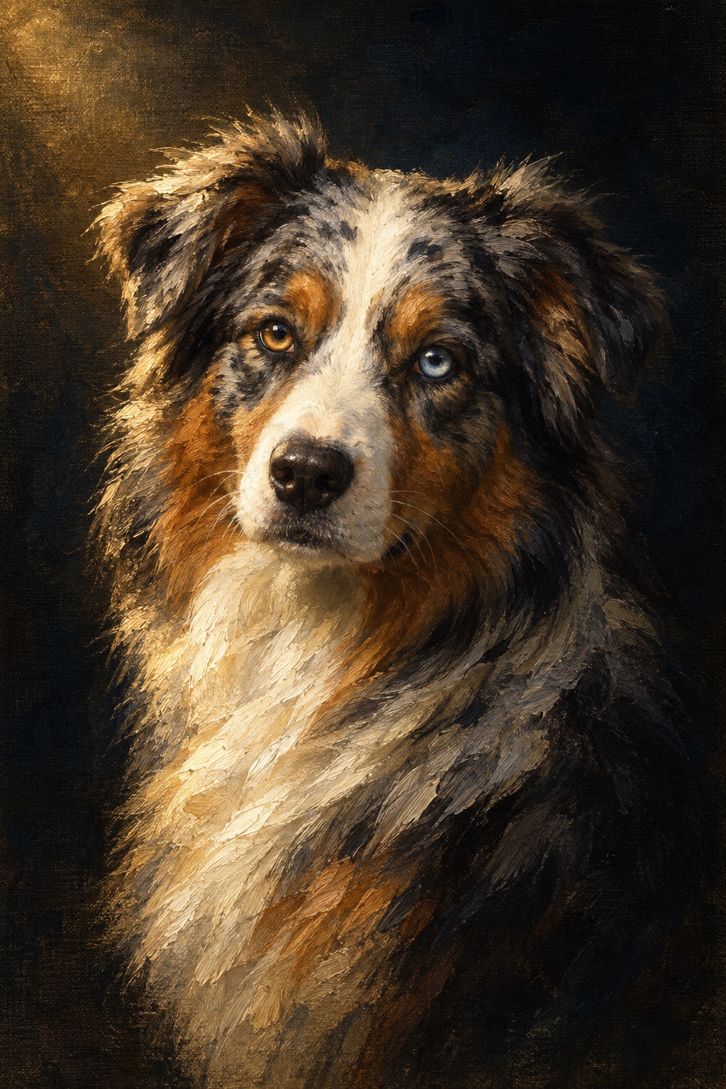 An oil-style australian shepherd in the Midnight style