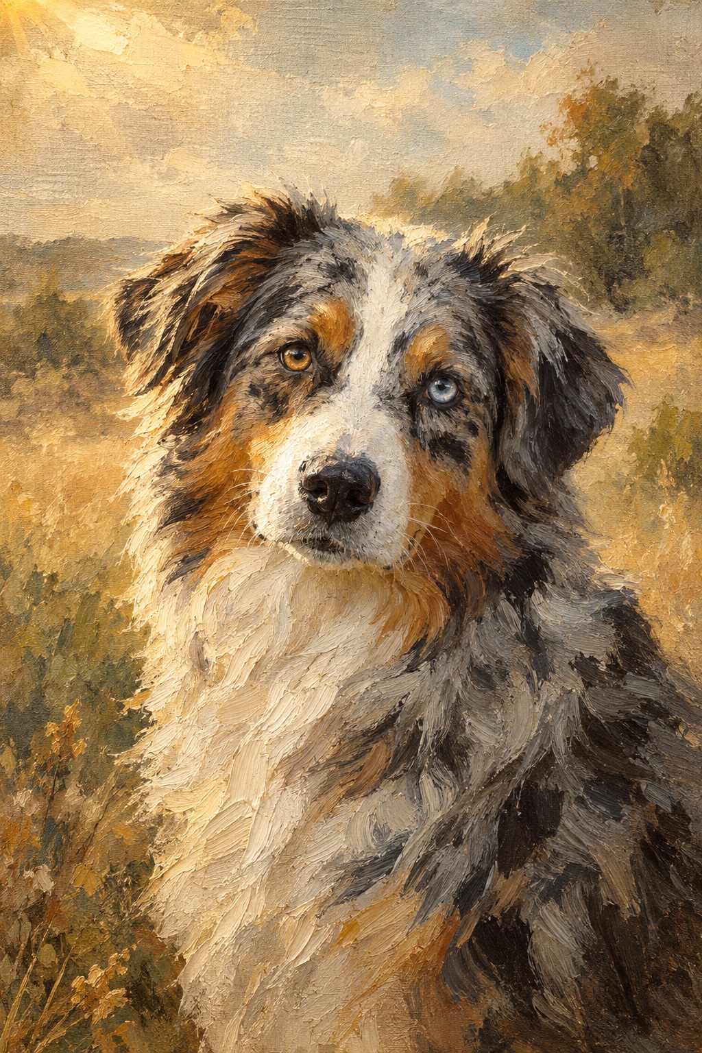 An oil-style australian shepherd in the Plein Air style