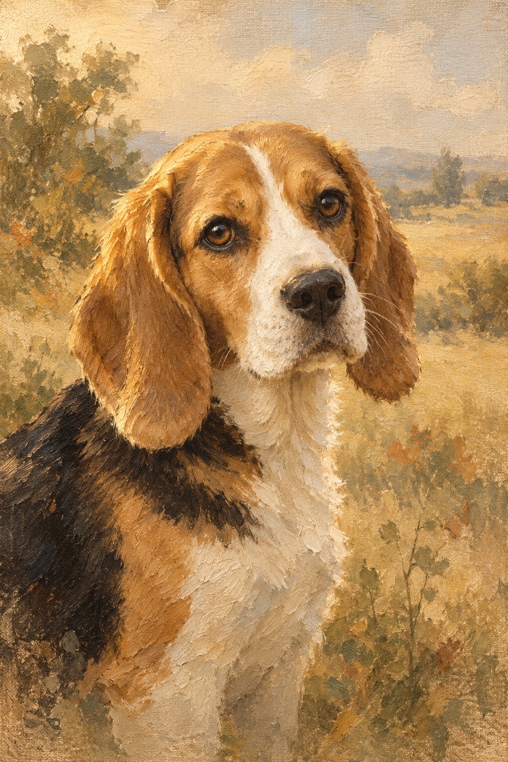 An oil-style beagle in the Plein Air style