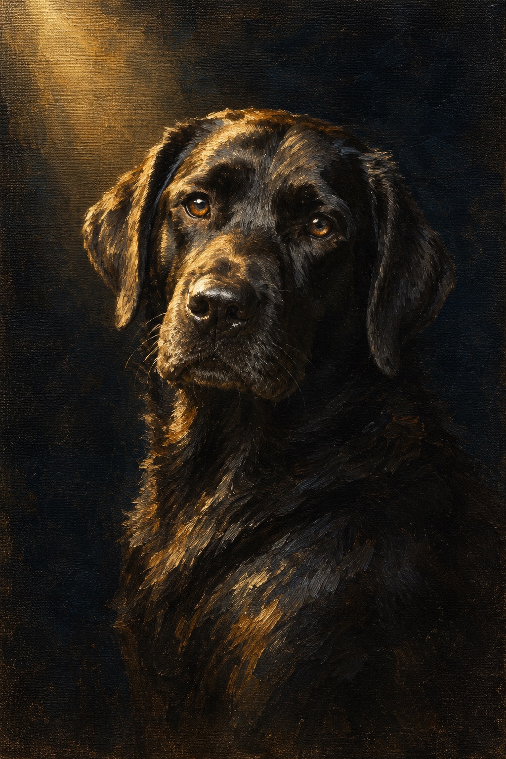 An oil-style black labrador in the Midnight style