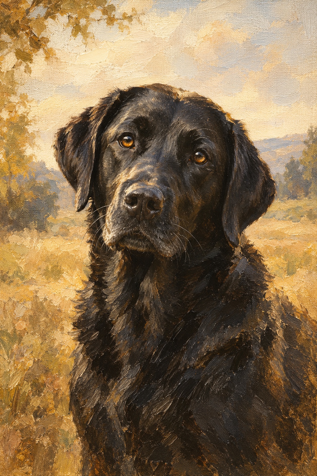 An oil-style black labrador in the Plein Air style