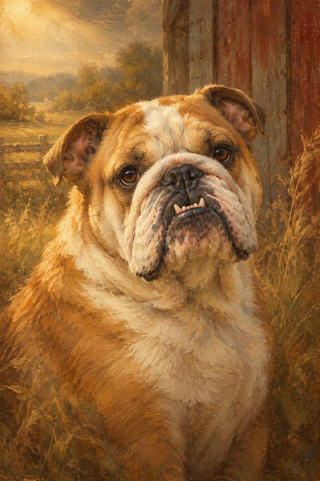 An oil-style bulldog in the Homestead style