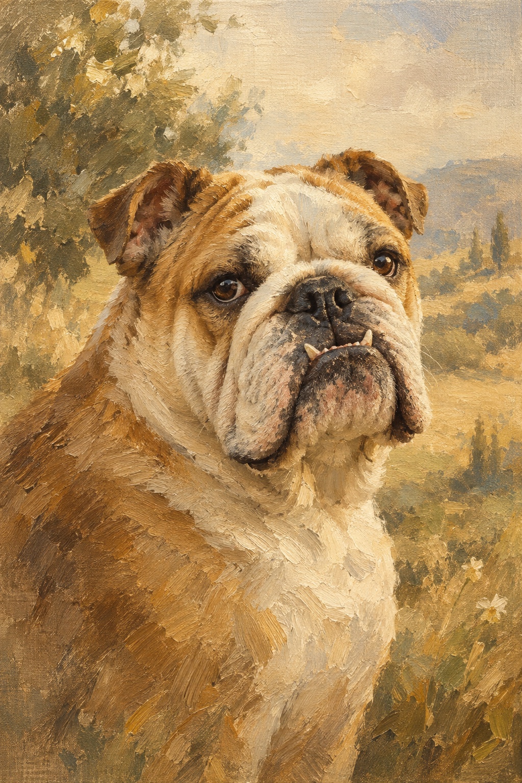 An oil-style bulldog in the Plein Air style