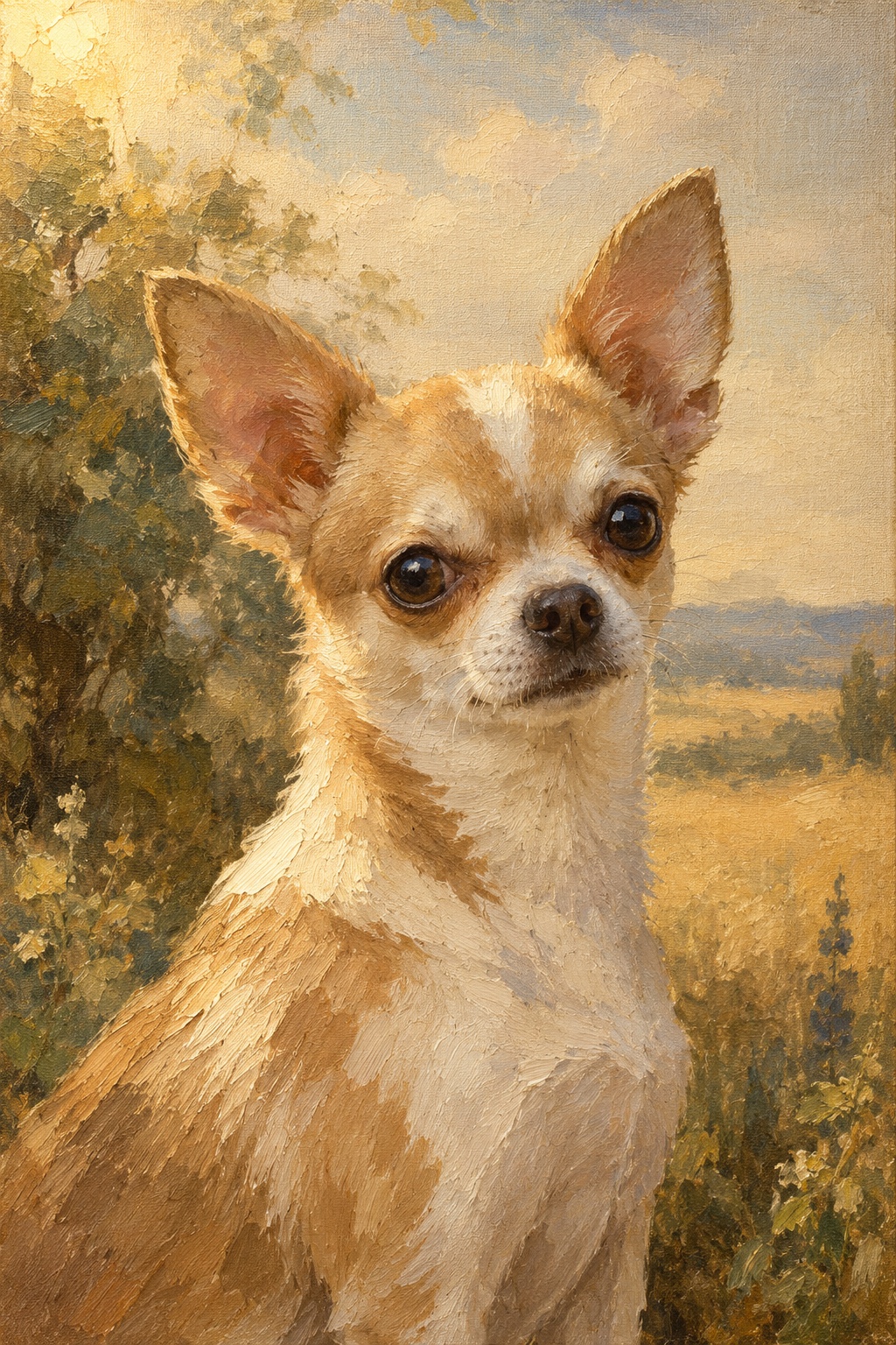 An oil-style chihuahua in the Plein Air style