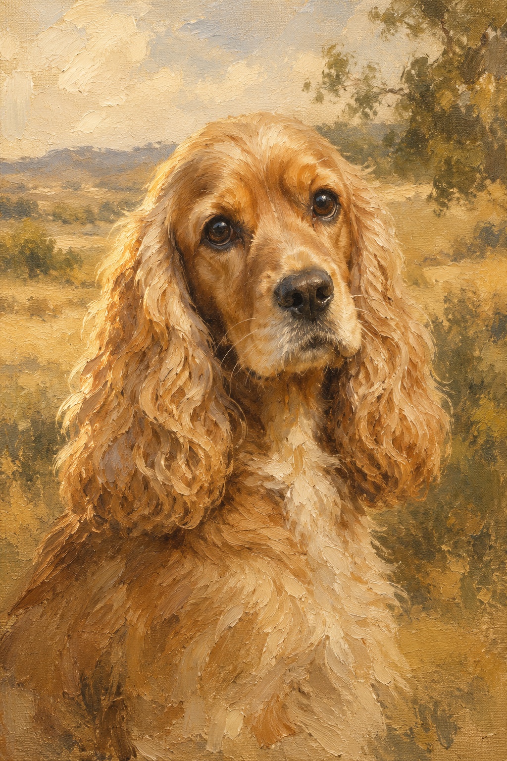 An oil-style cocker spaniel in the Plein Air style