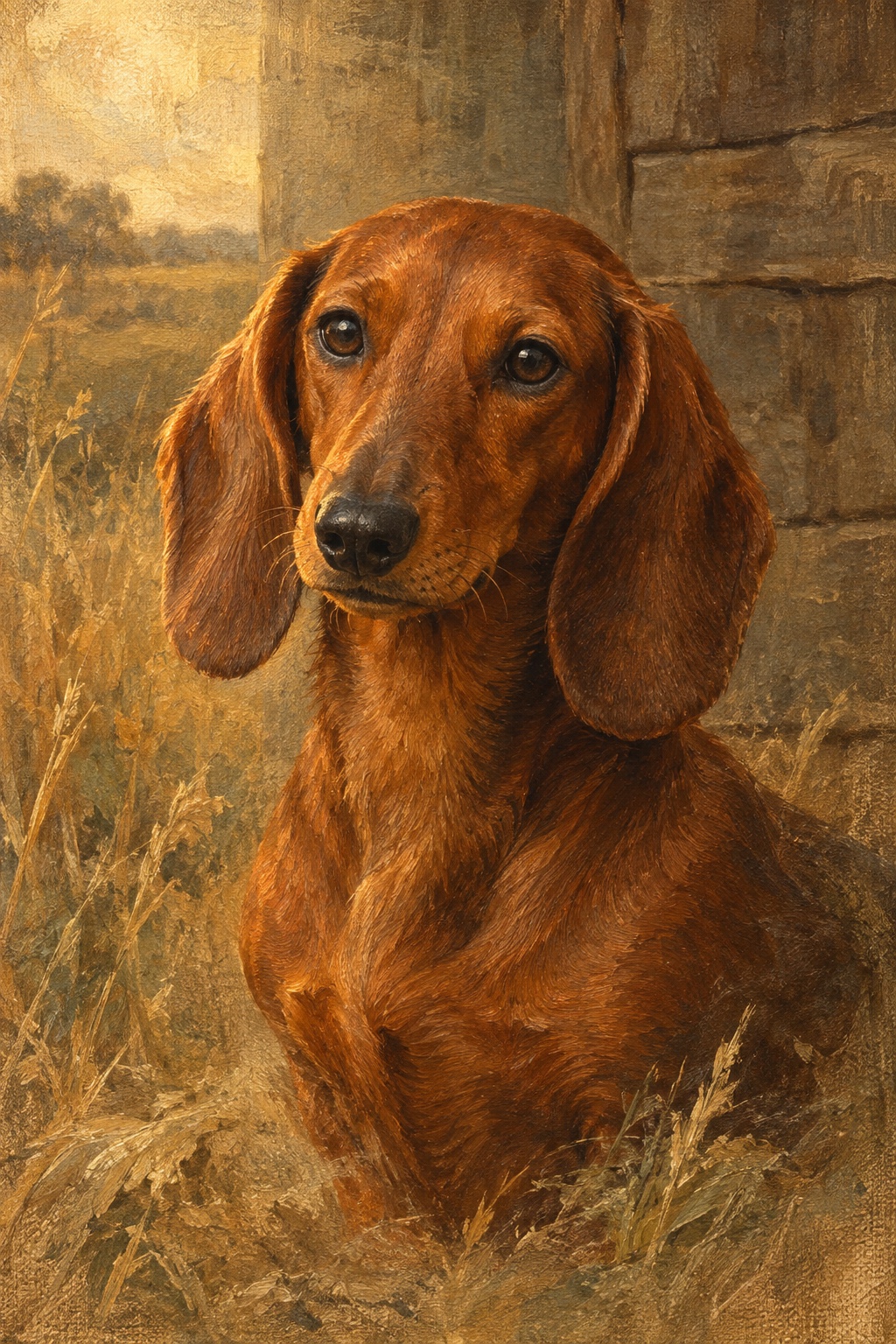 An oil-style dachshund in the Homestead style