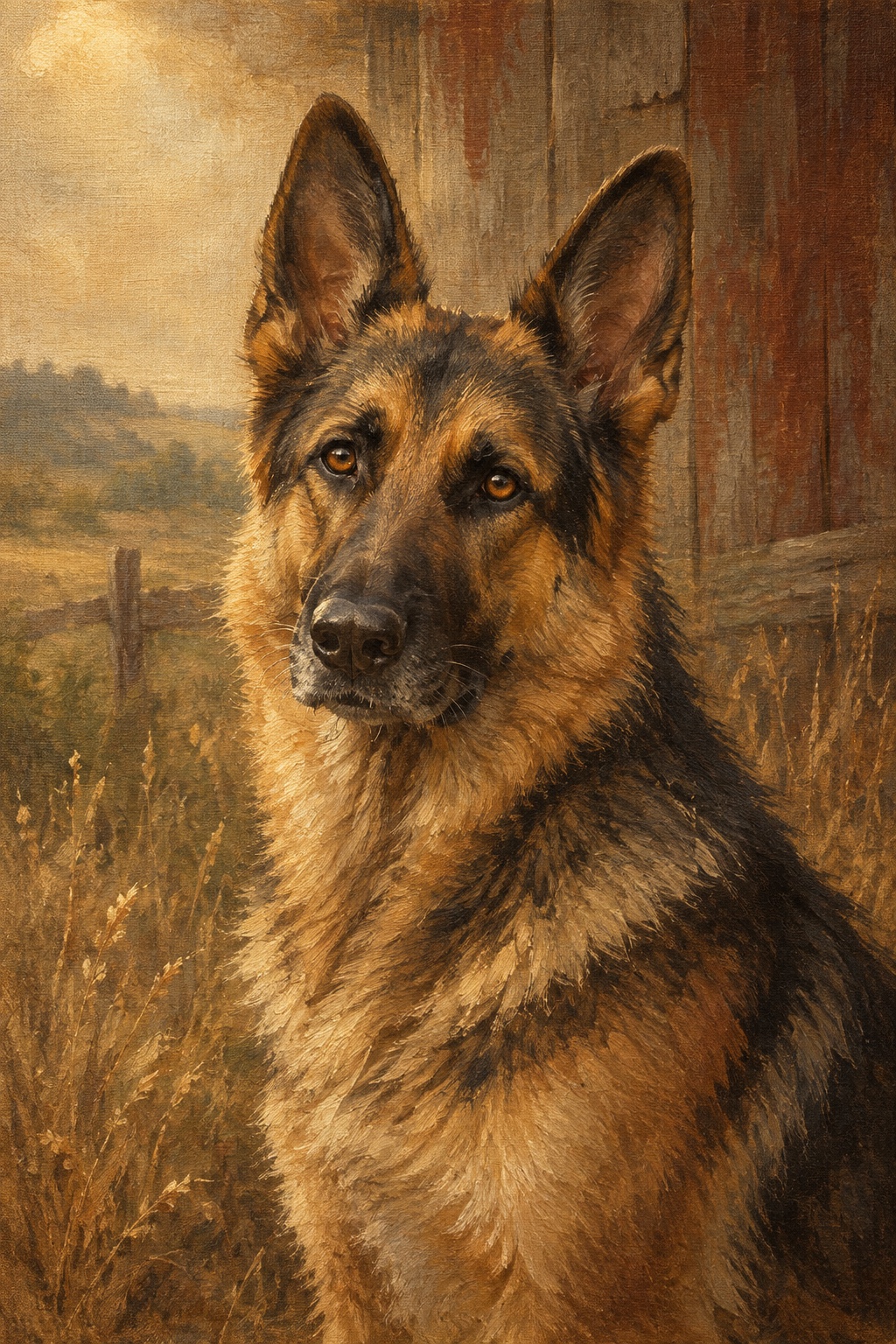 An oil-style german shepherd in the Homestead style