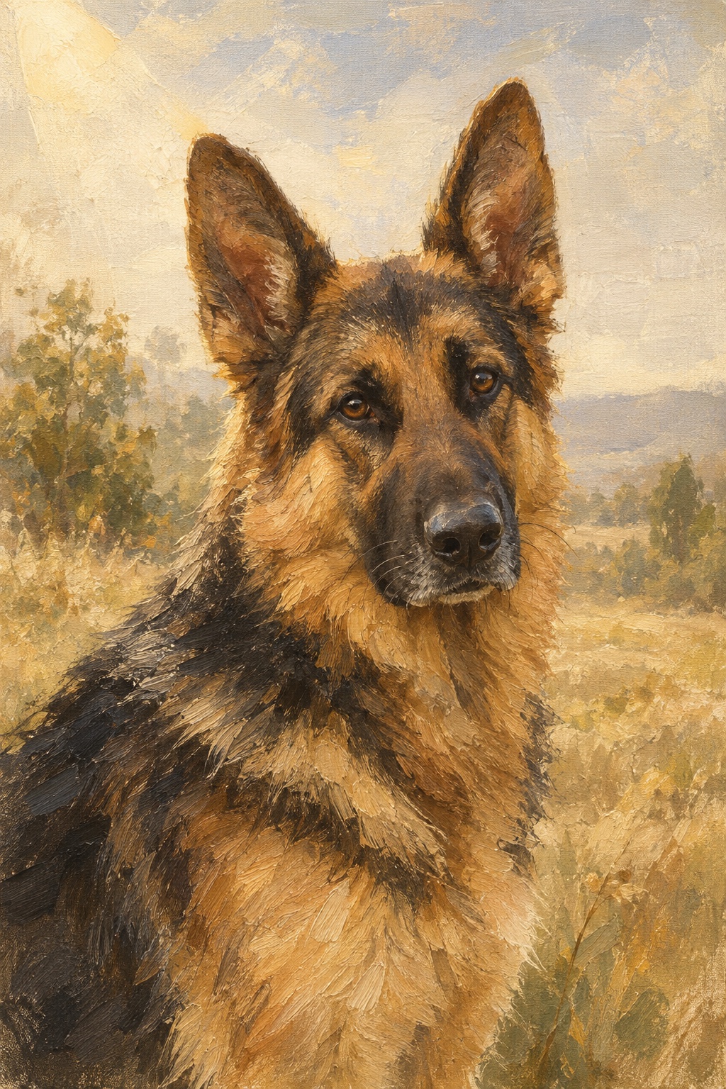 An oil-style german shepherd in the Plein Air style