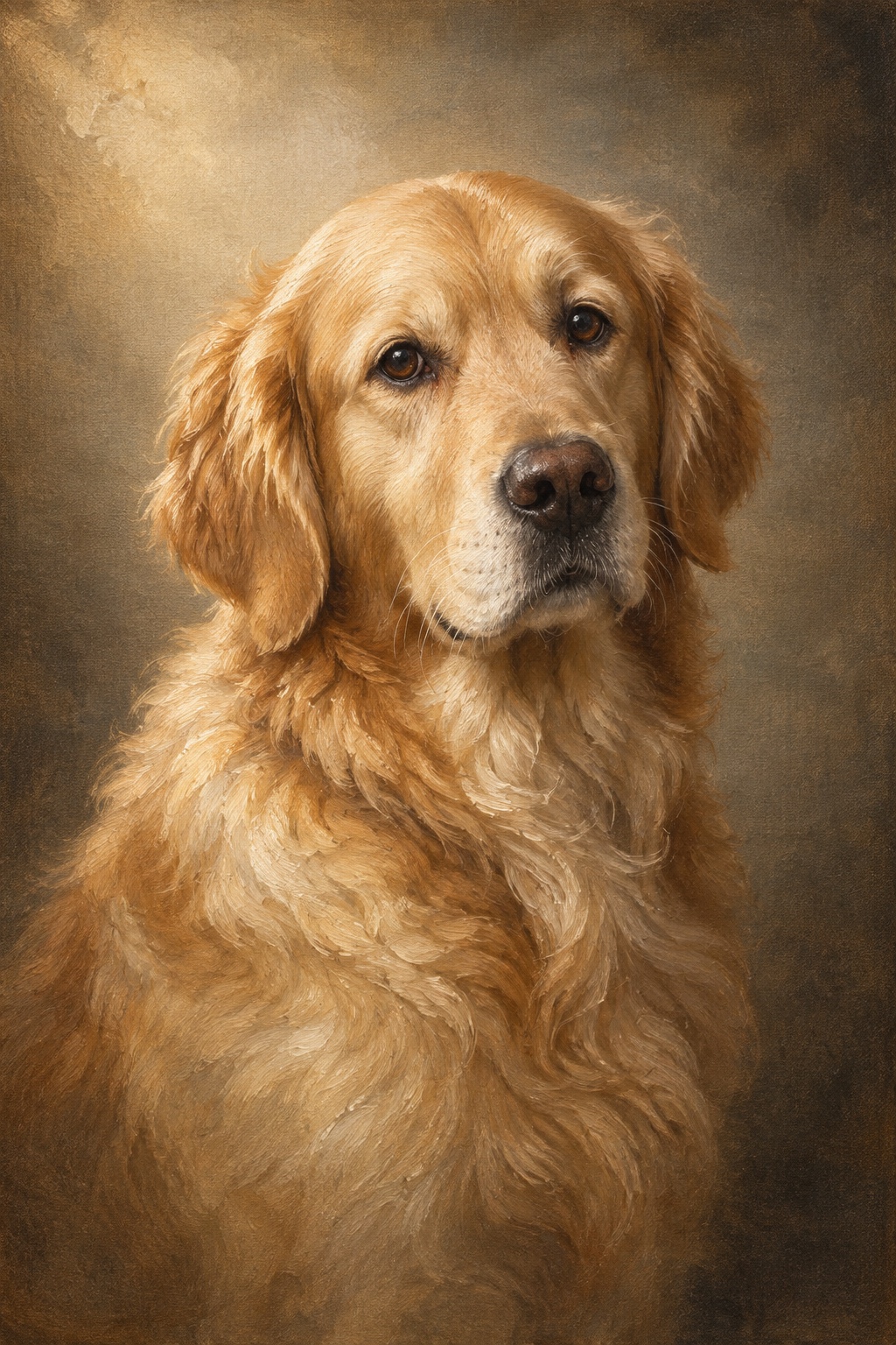 An oil-style golden retriever in the Legacy style