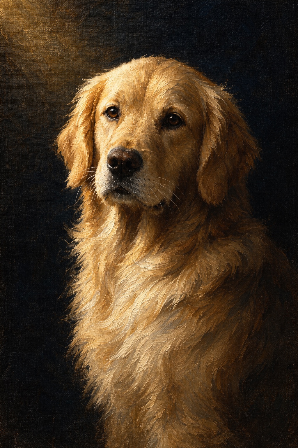 An oil-style golden retriever in the Midnight style