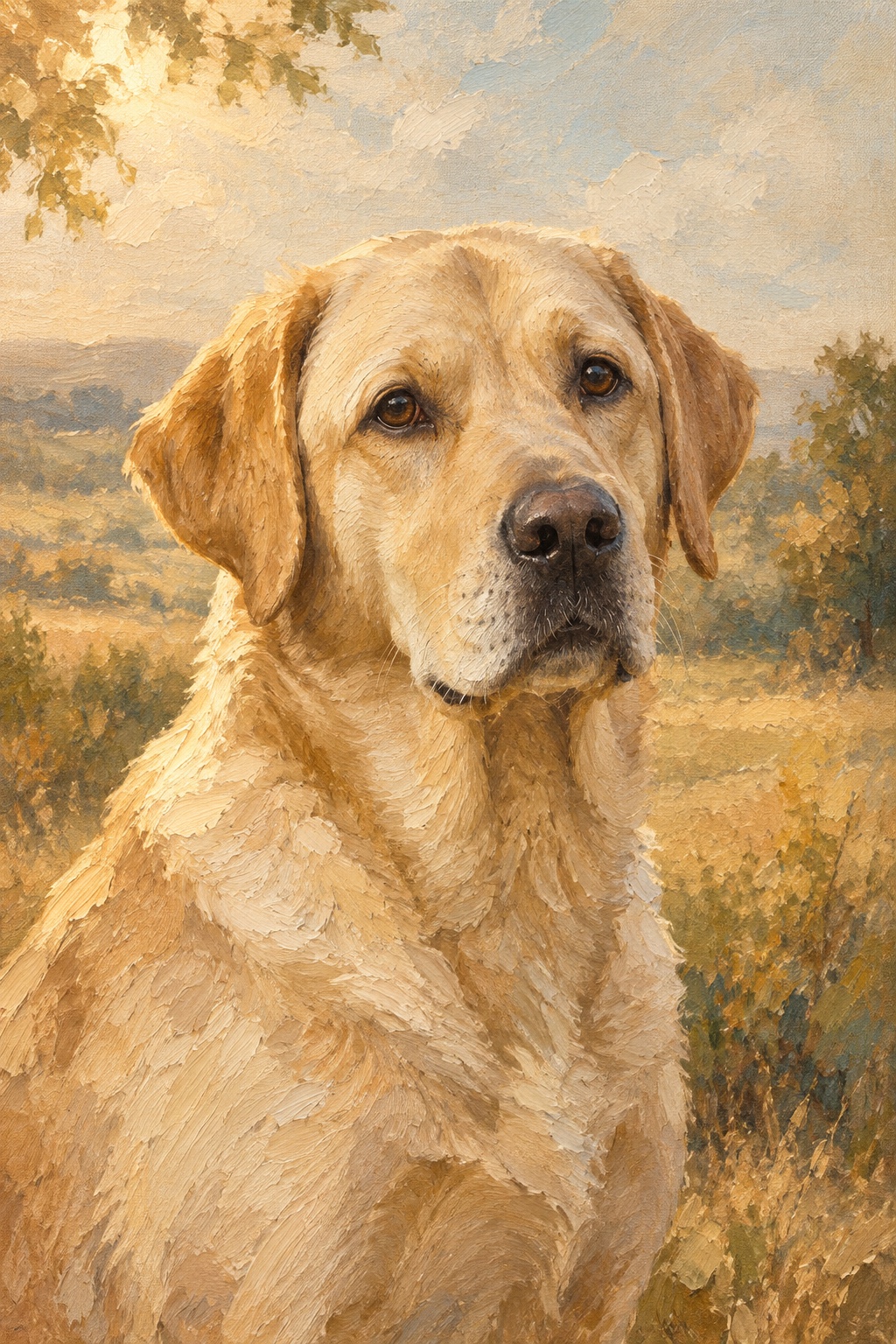 An oil-style labrador in the Plein Air style