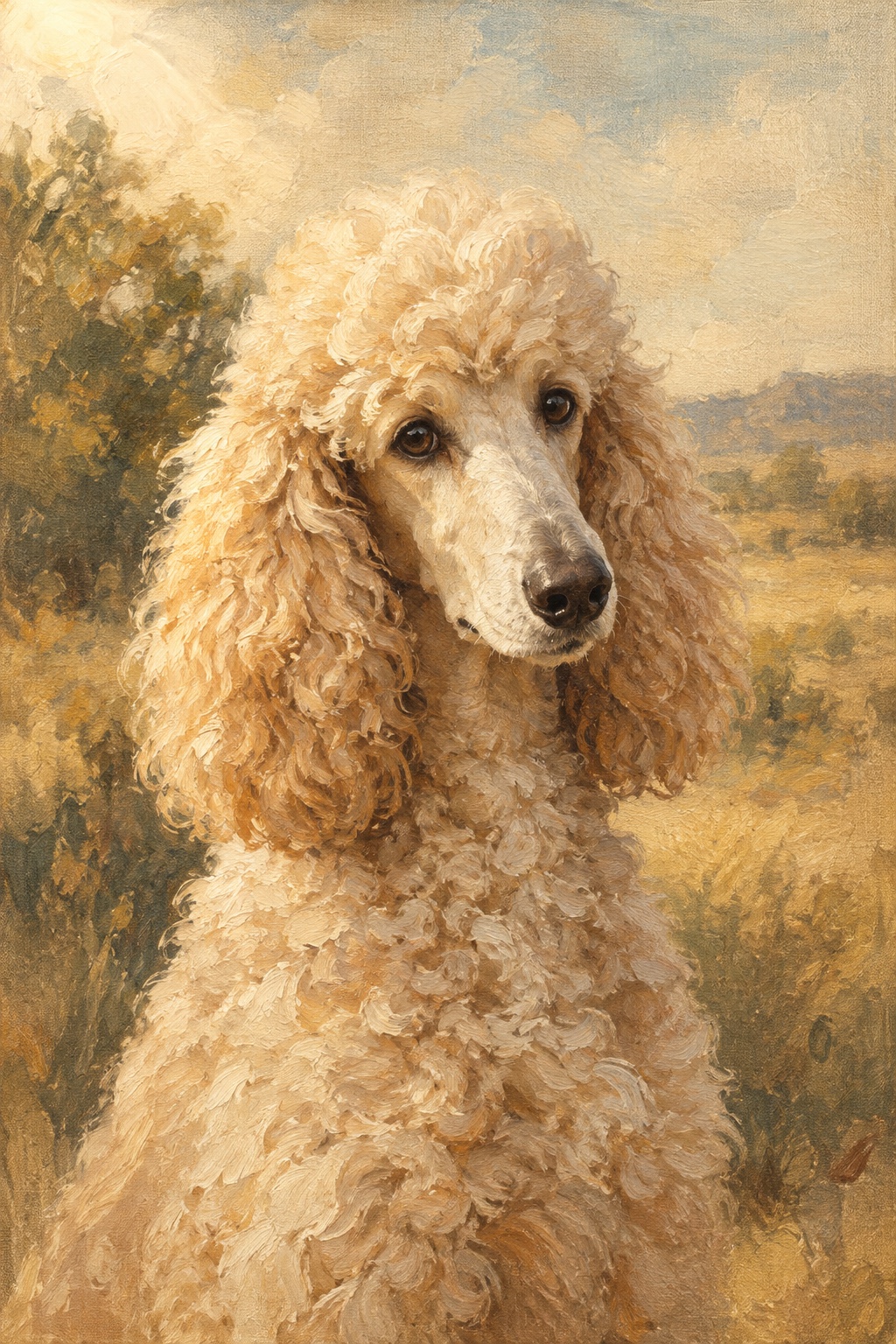 An oil-style poodle in the Plein Air style