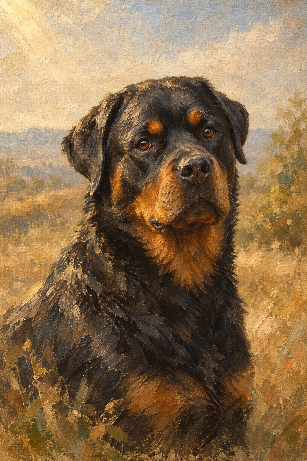 An oil-style rottweiler in the Plein Air style