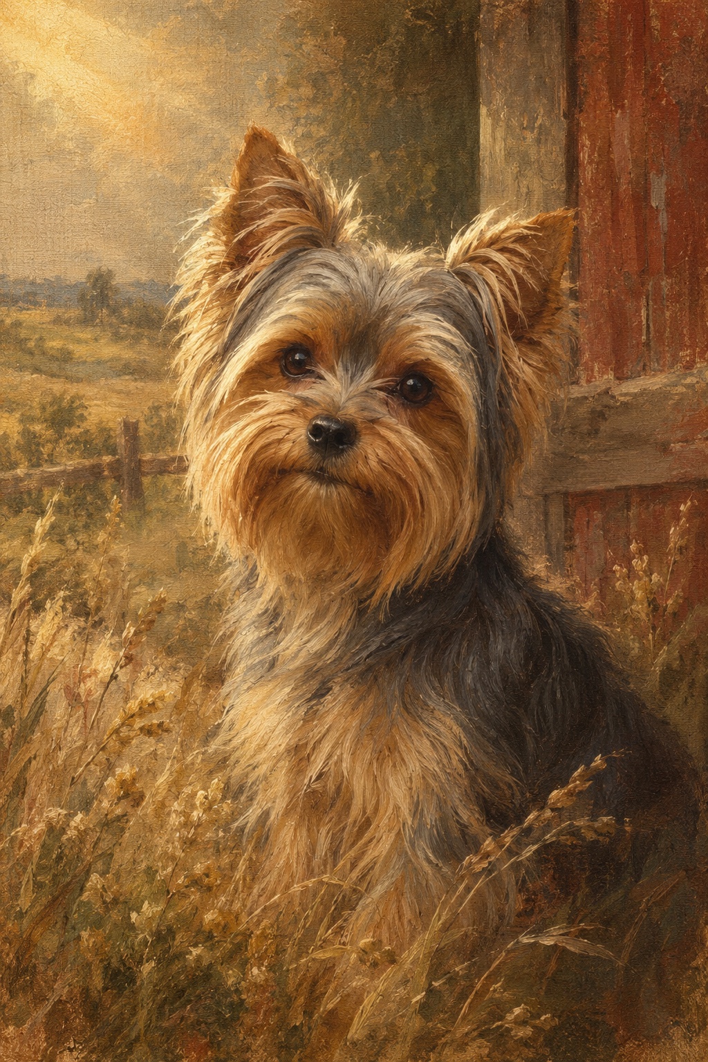 An oil-style yorkshire terrier in the Homestead style