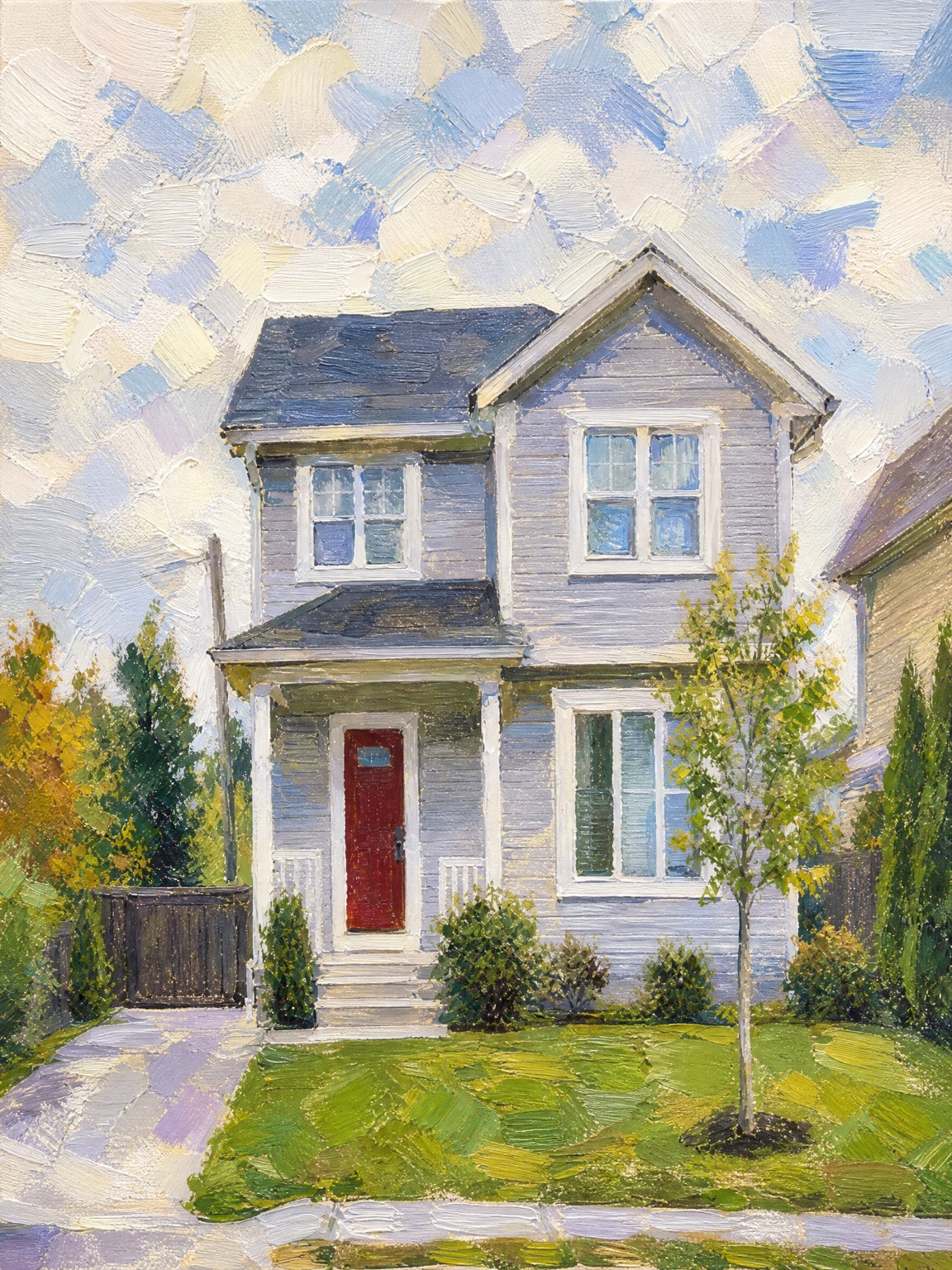 An oil-style house portrait in the Linen style