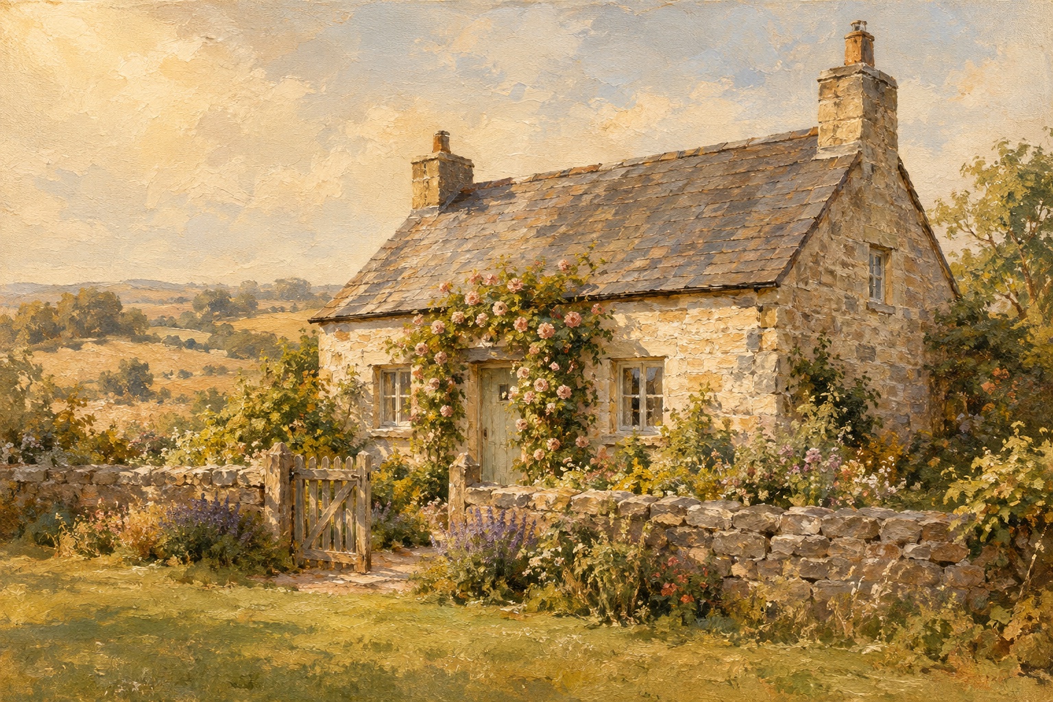 An oil-style cottage portrait in the Plein Air style