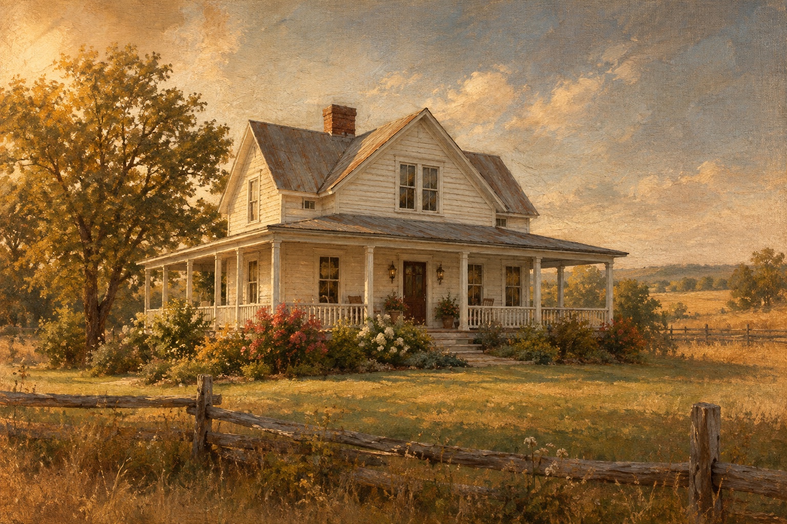 An oil-style farmhouse portrait in the Homestead style