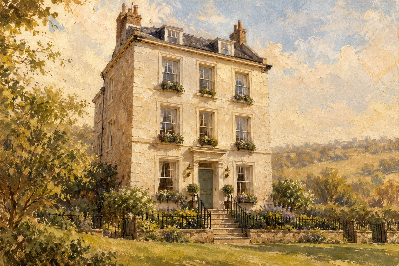 An oil-style townhouse portrait in the Plein Air style
