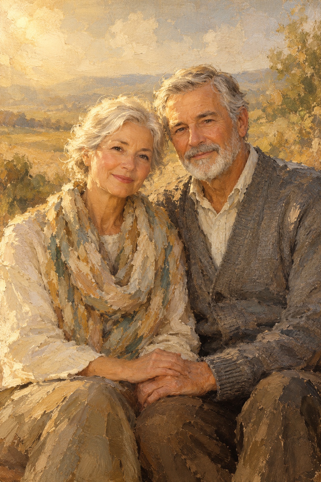 An oil-style couple's portrait in the Plein Air style