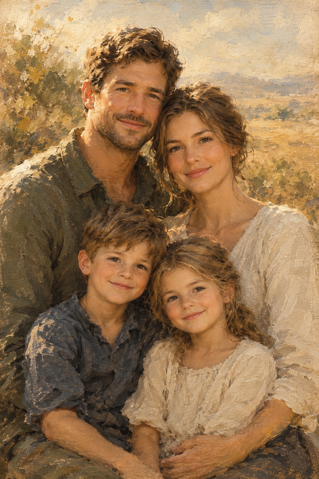 An oil-style family portrait in the Plein Air style