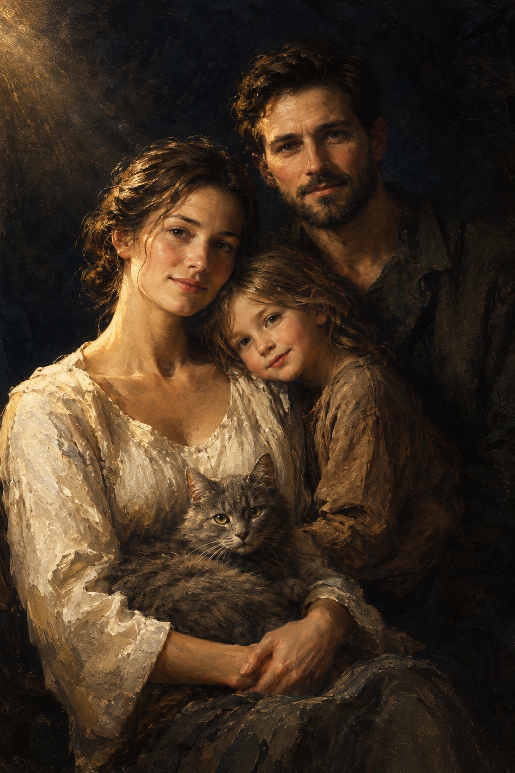 An oil-style family portrait with pets in the Midnight style