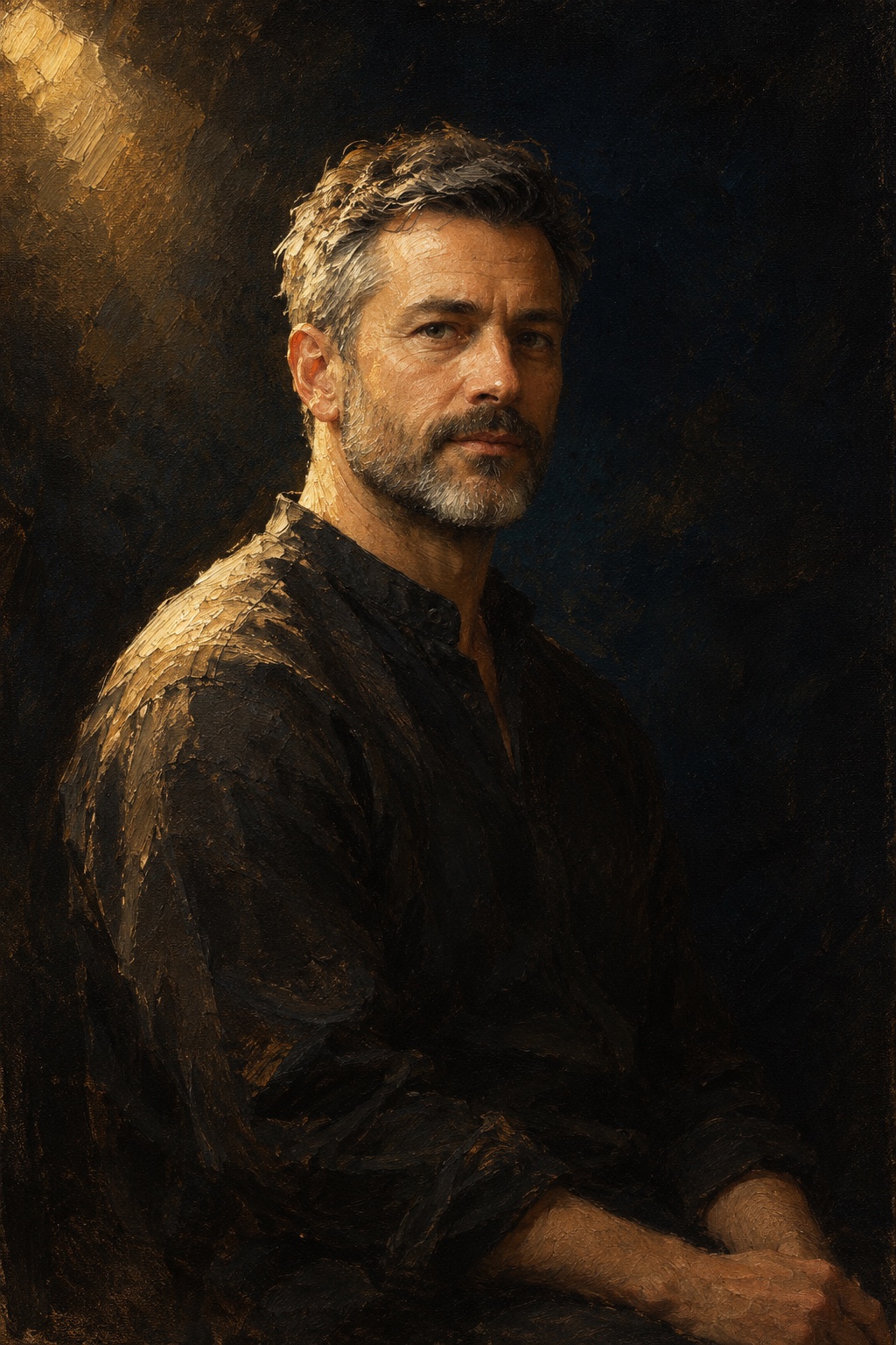An oil-style portrait of a man in the Midnight style