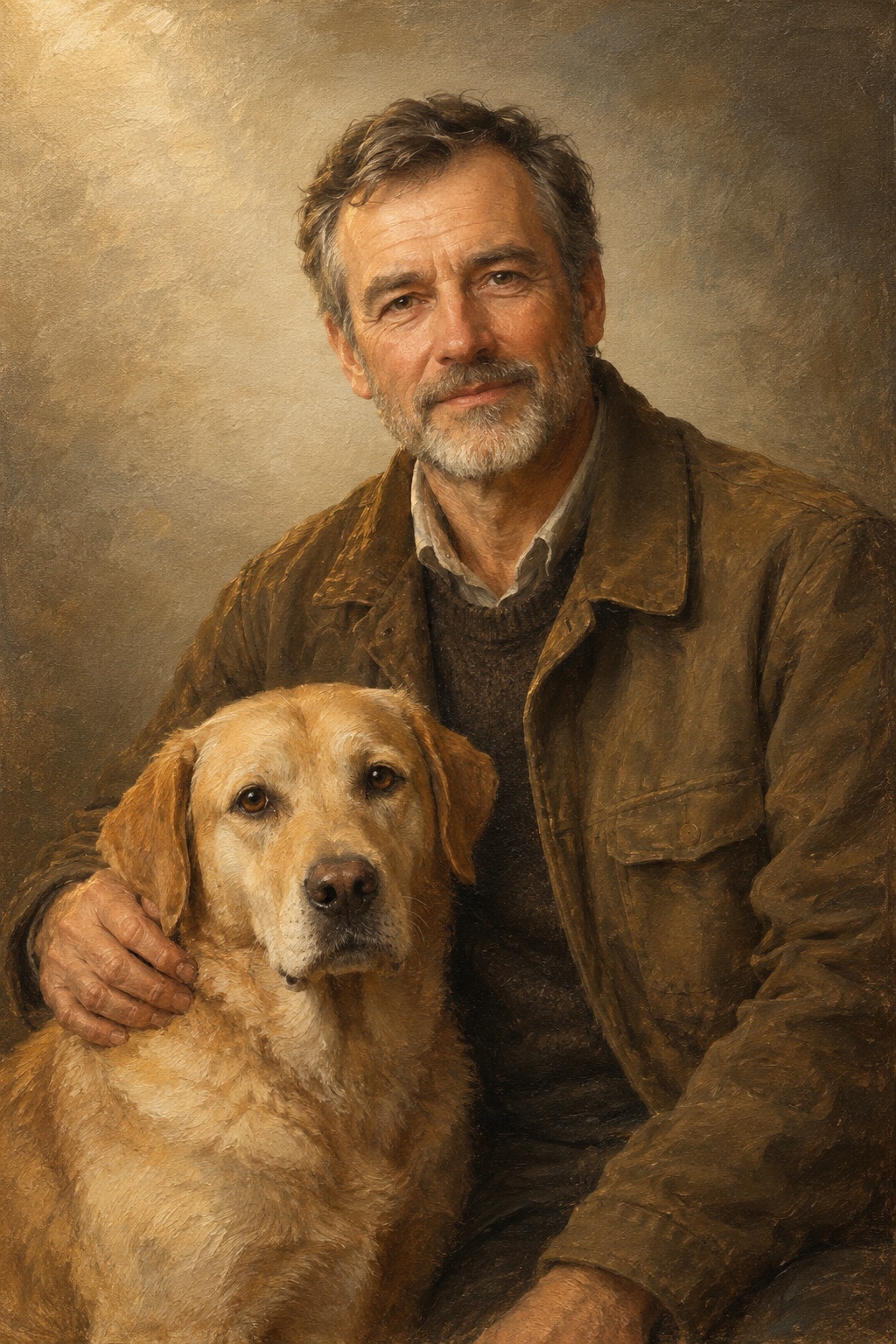 An oil-style portrait with a dog in the Legacy style