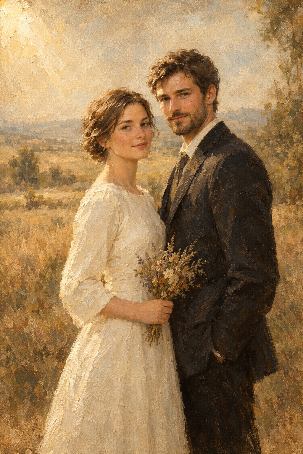 An oil-style wedding portrait in the Plein Air style