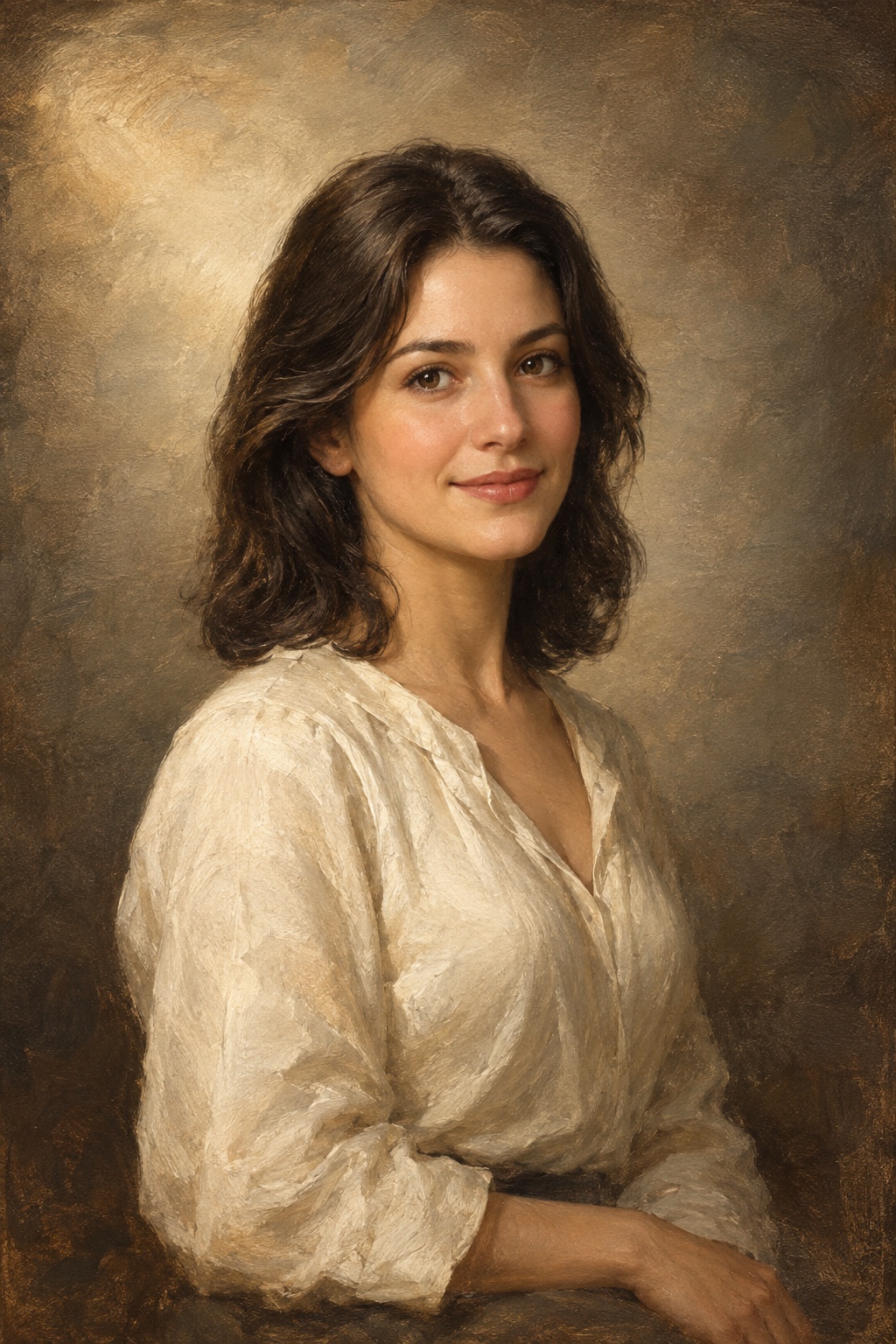 An oil-style portrait of a woman in the Legacy style