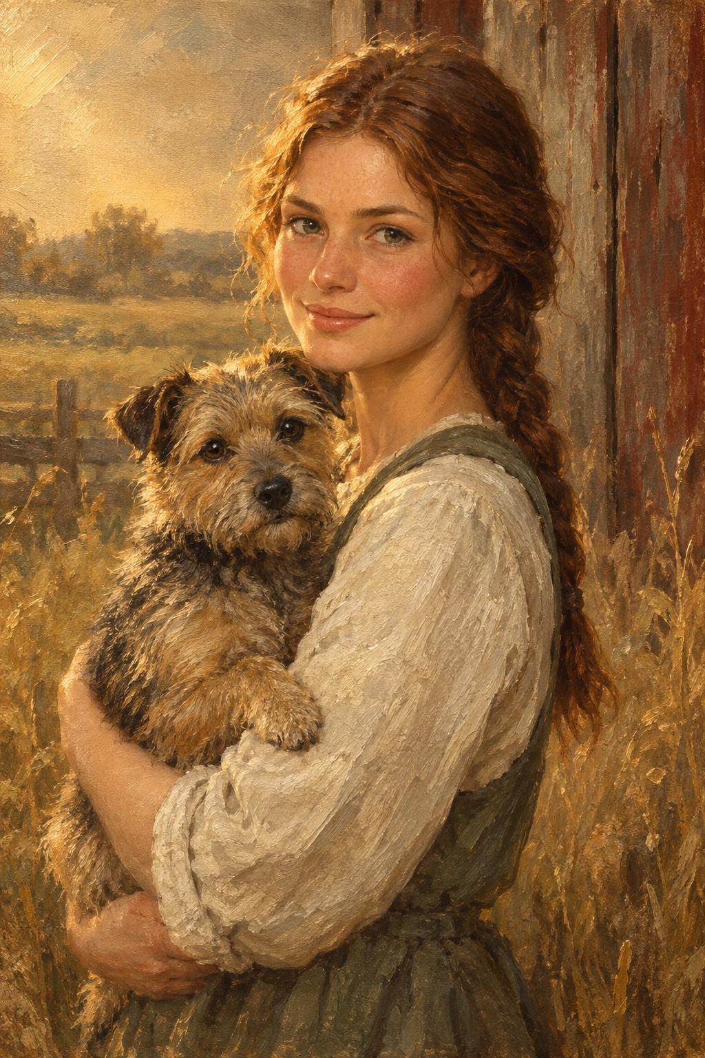 An oil-style portrait with a dog in the Homestead style