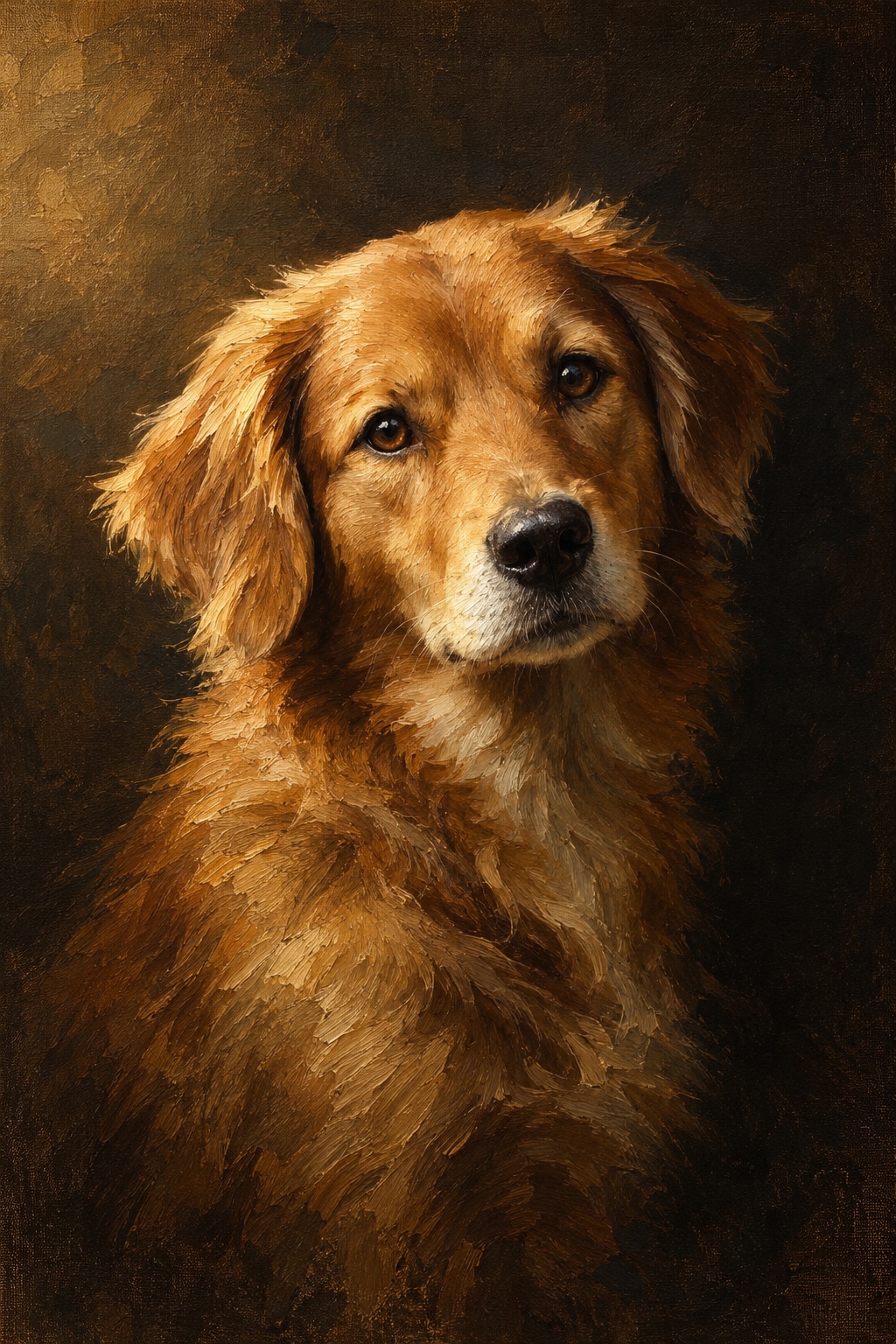 An oil-style memorial portrait of a dog