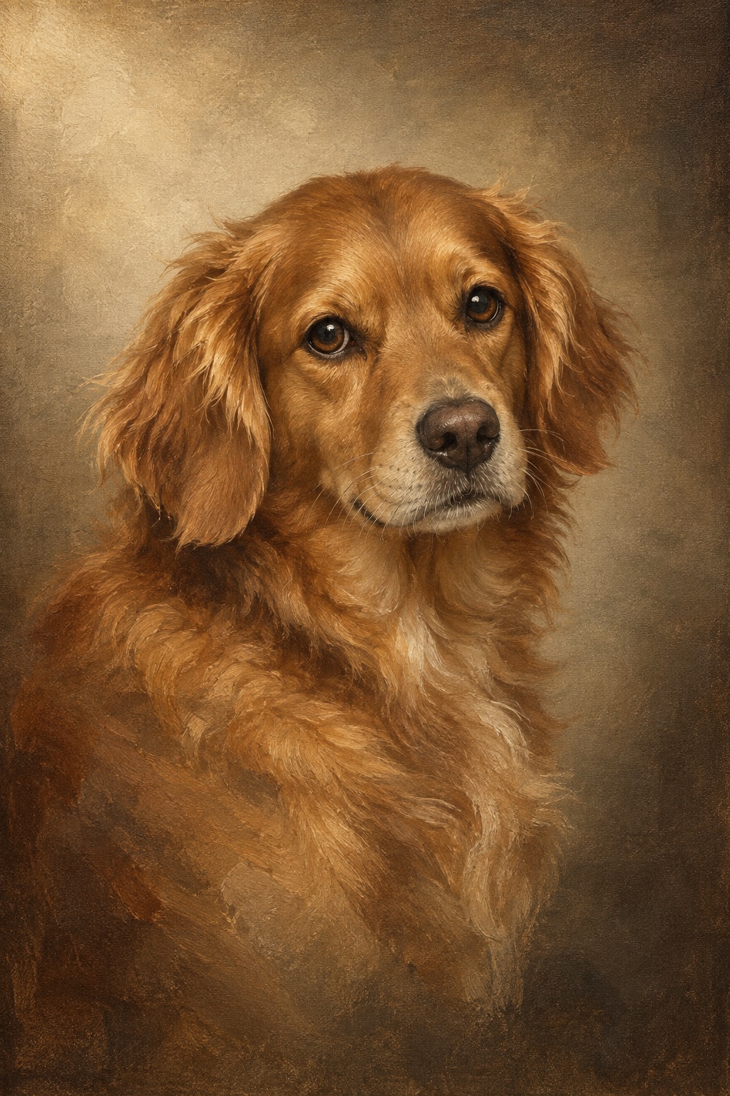 An oil-style memorial portrait of a dog
