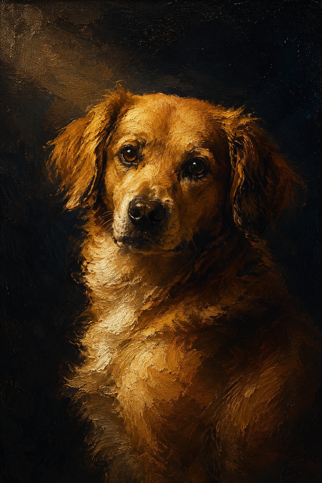 An oil-style memorial portrait of a dog