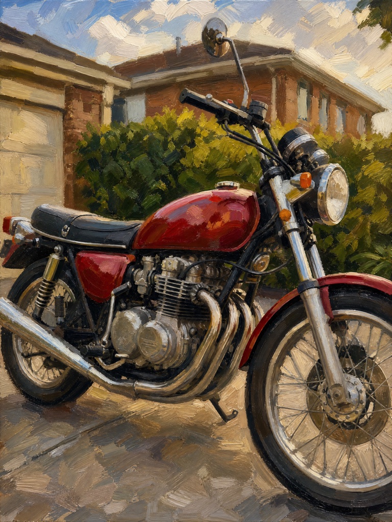 A red classic motorcycle on a driveway in warm afternoon light