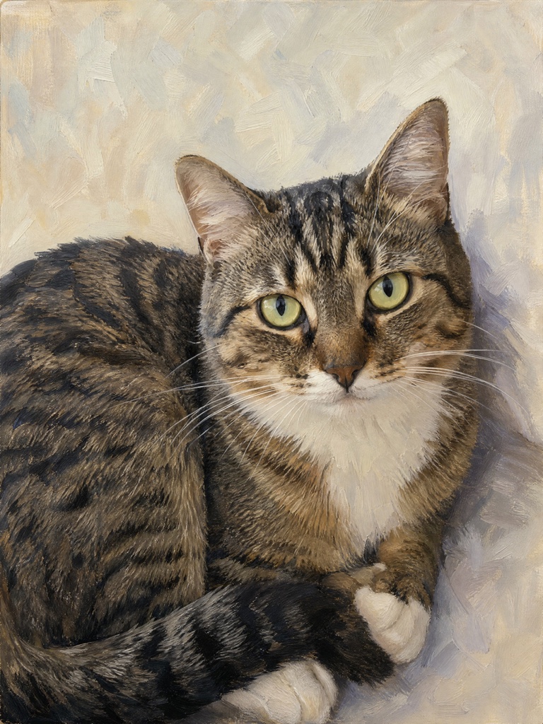 A tabby cat on a pale linen-coloured ground in soft daylight