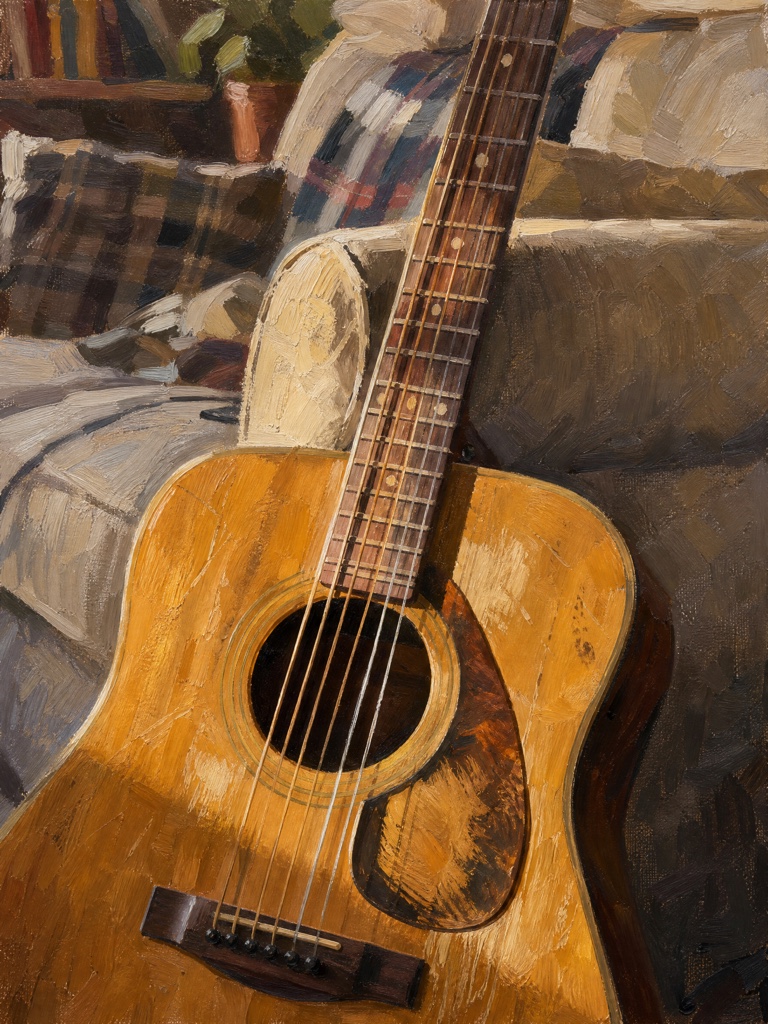 An acoustic guitar leaning against a sofa, painted in light open colour