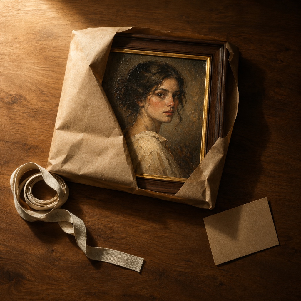 A framed canvas portrait wrapped for delivery