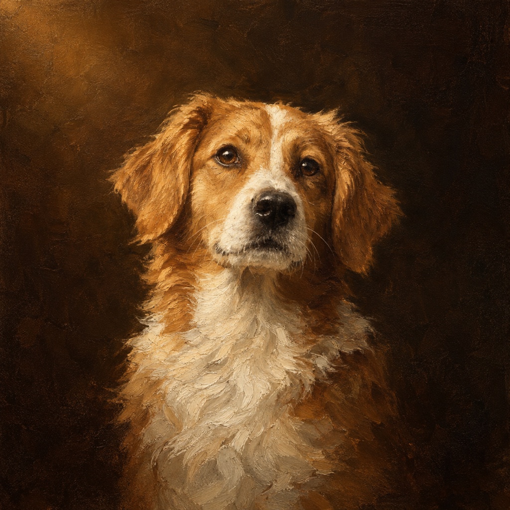 An oil-style portrait appearing on a screen beside a framed canvas