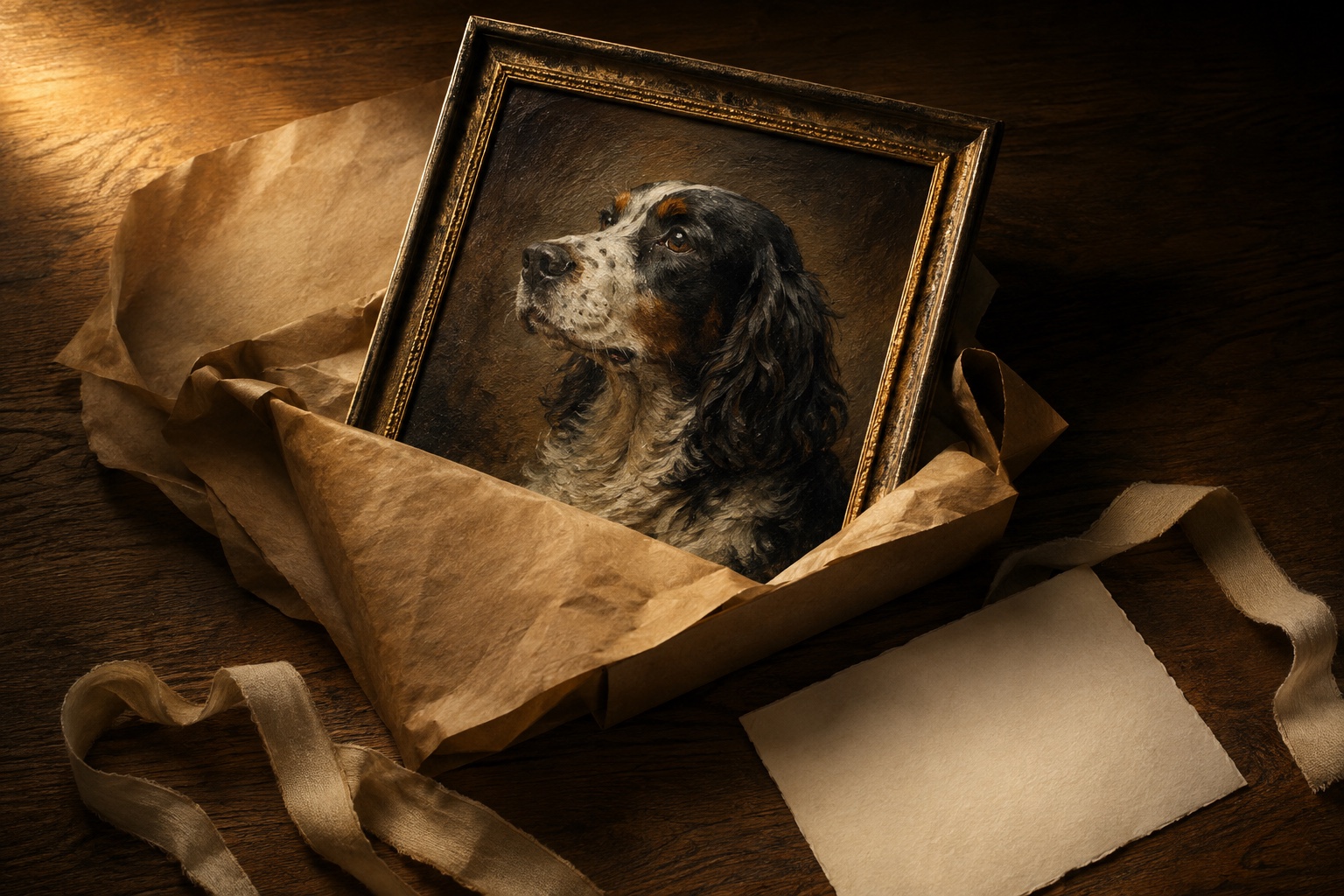 A framed canvas portrait being unwrapped from its packaging