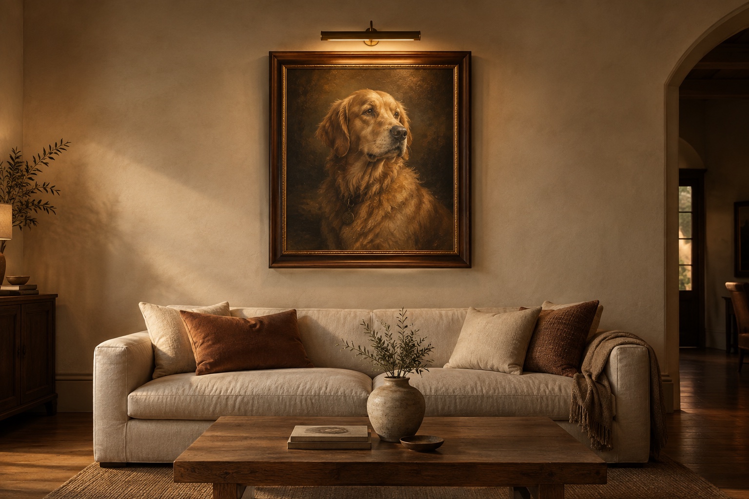 A framed portrait hanging above a sofa