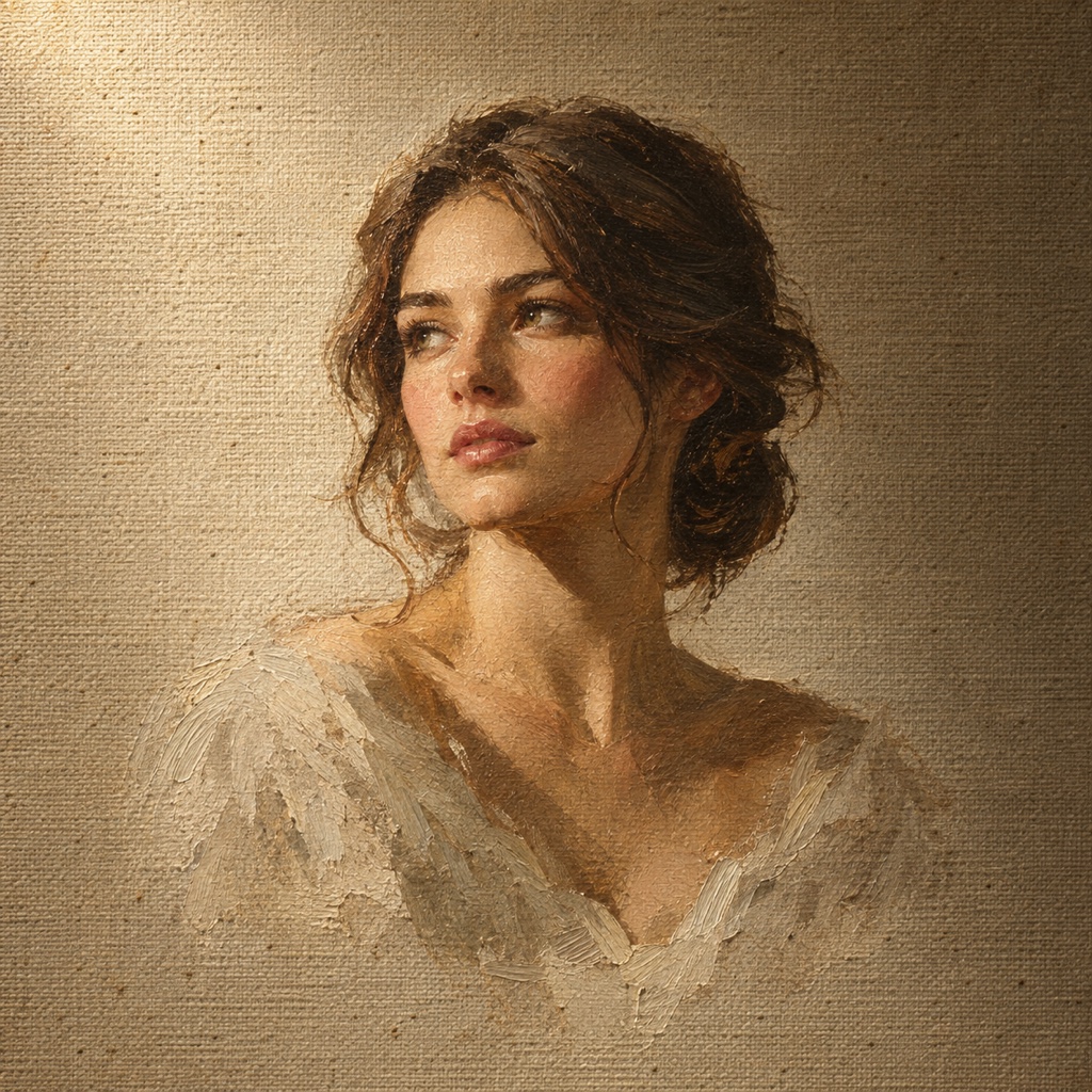 A portrait painted across a visible cotton-blend canvas weave