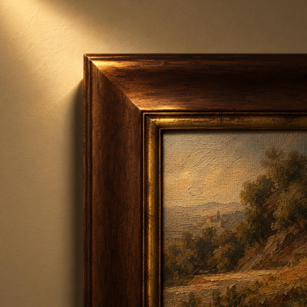 Corner detail of a wooden picture frame